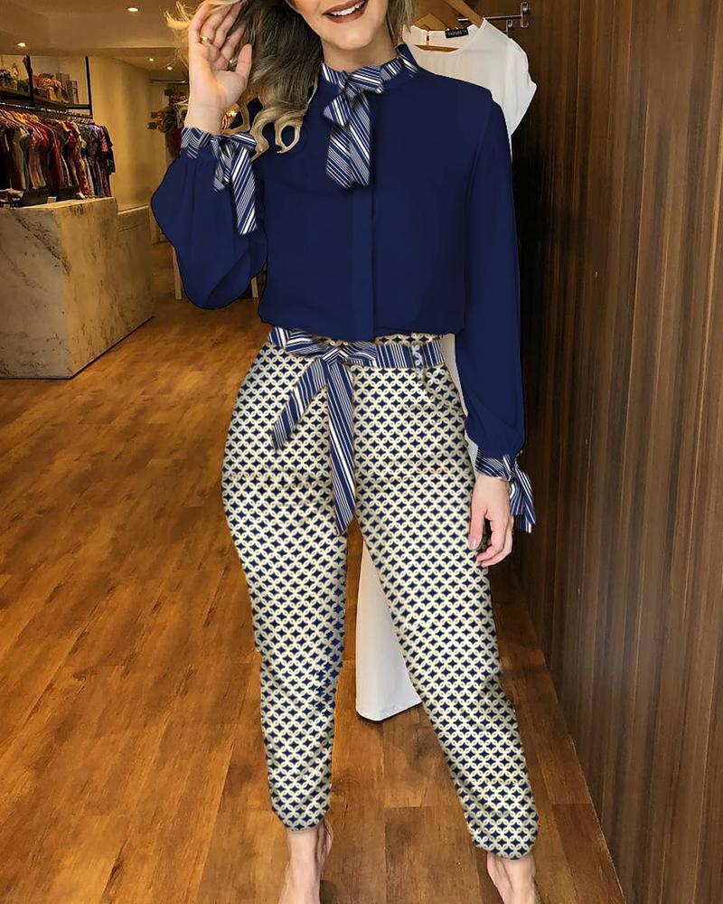 

Solid Long Sleeve Top & Colorblock Pants Set, Purplish blue