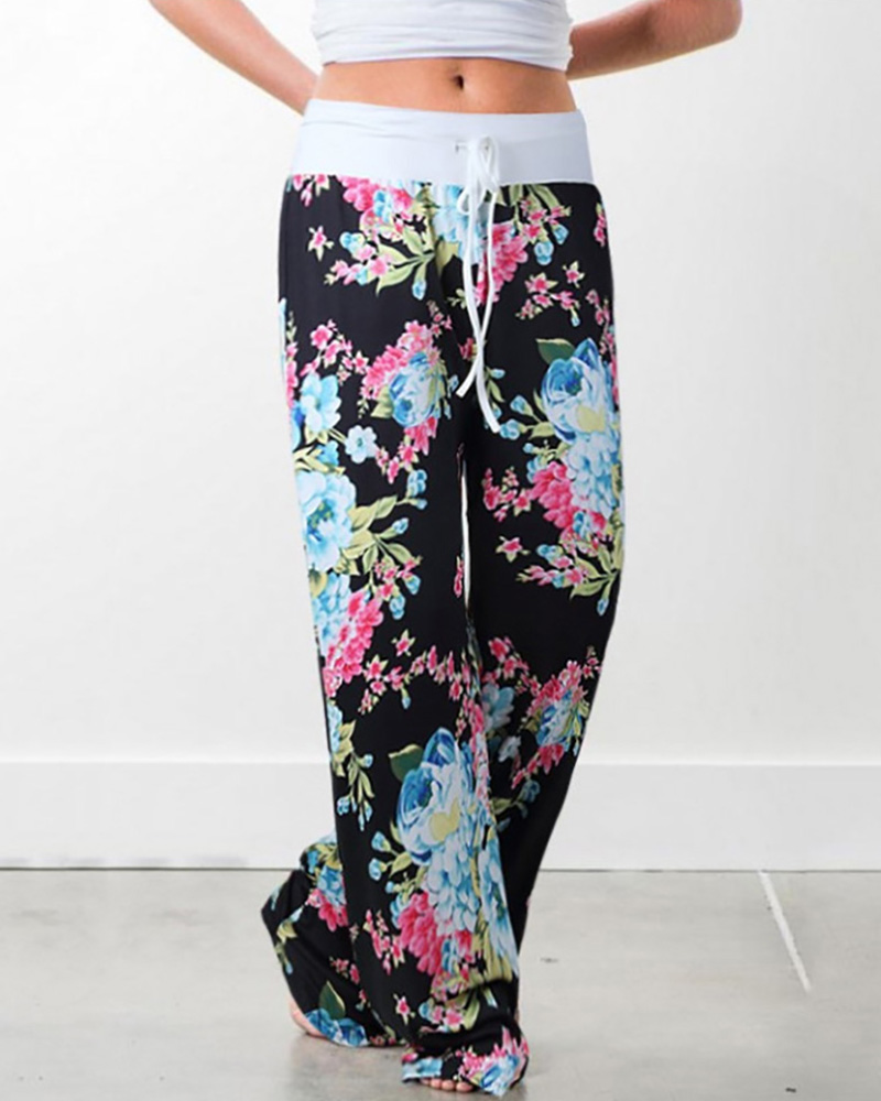 

Floral Print Wide Leg Drawstring Pants, Black