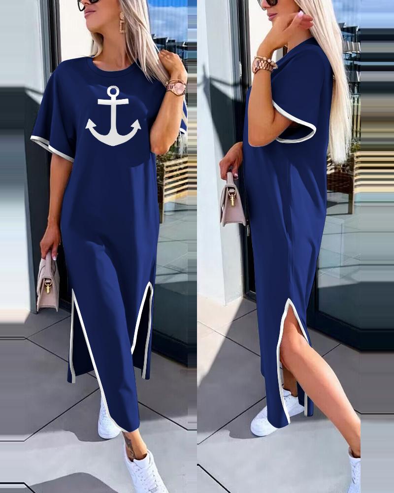 

Anchor Print Slit Short Sleeve Casual Dress, Blue