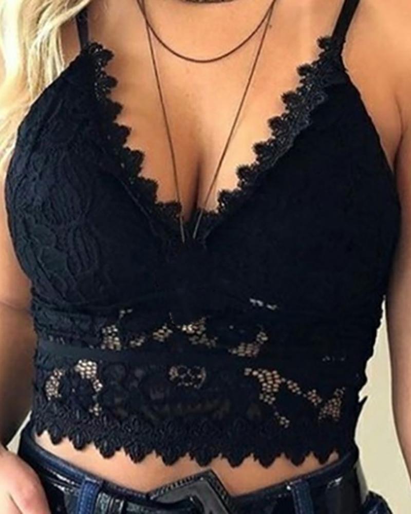 

Lace Hollow Out Spaghetti Strap Top, Black