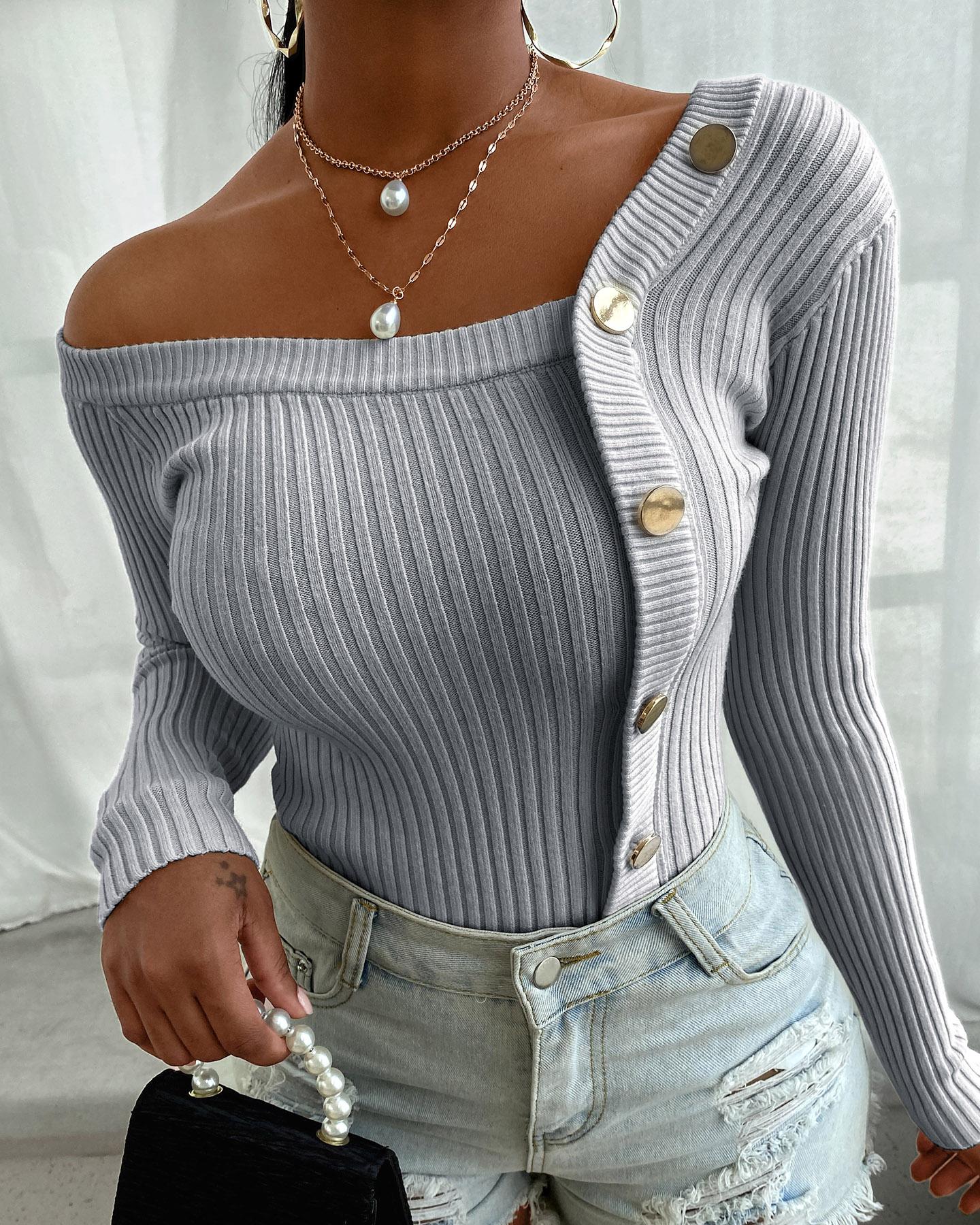 

Button Design Long Sleeve Knit Sweater, Gray