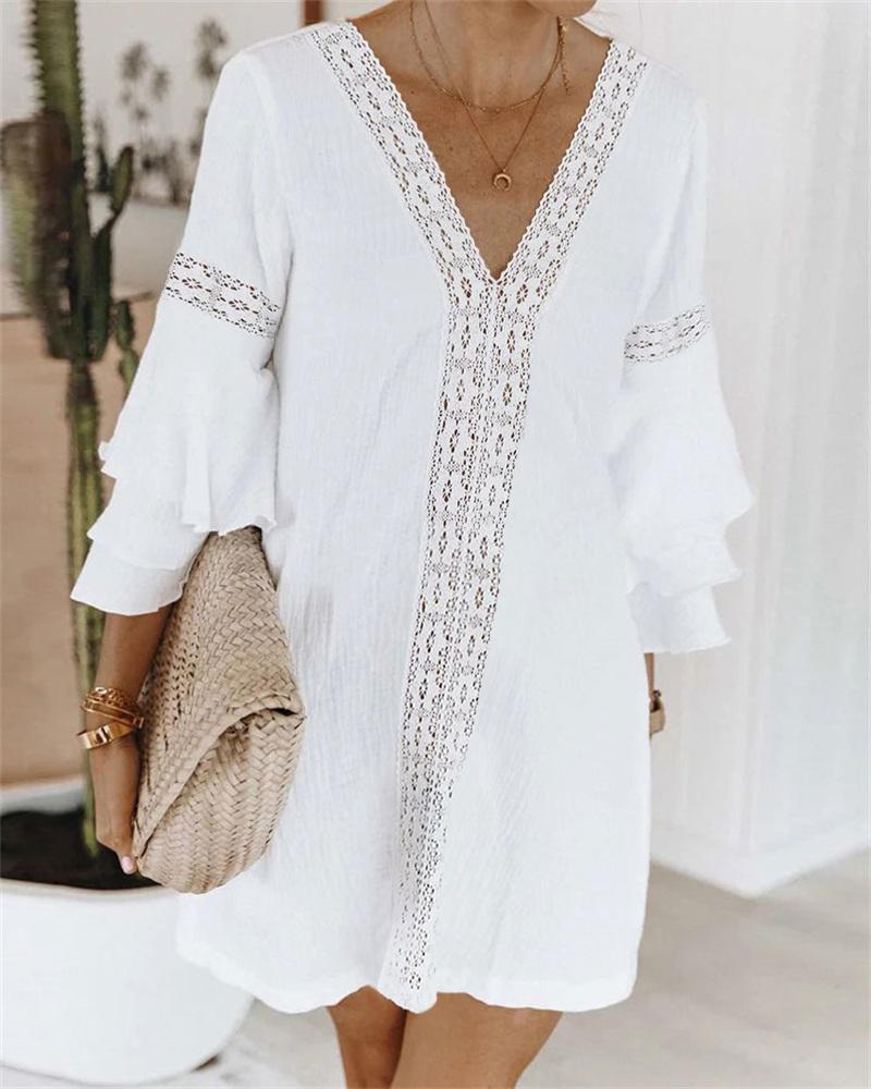 

Contrast Lace Bell Sleeve Casual Dress, White