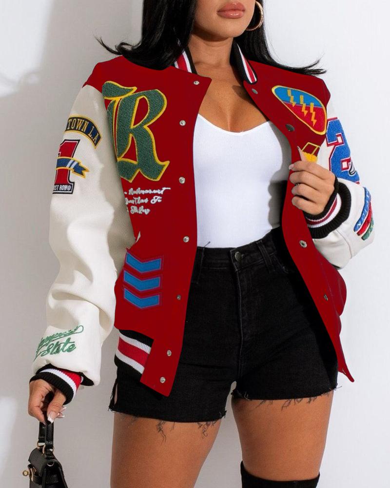 

Letter Pattern Graphic Print Long Sleeve Baseball Jacket, Red