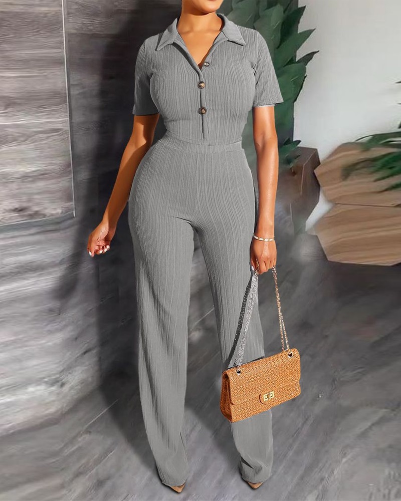 

Buttoned Top & High Waist Pants Set, Gray