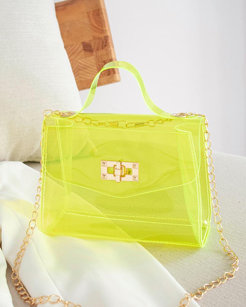 

Clear Twist Lock Chain Strap Flap Crossbody Bag, Yellow