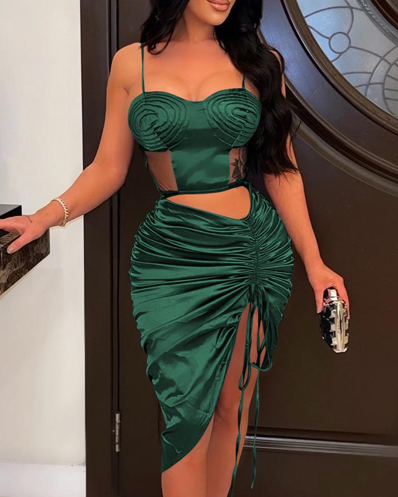 

Sheer Mesh Patch Cutout Satin Ruched Party Dress, Dark green