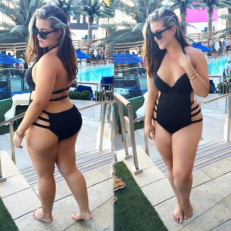 

Plus Size High Waist Bandage Black Hollow Out Cut Out Monokini
