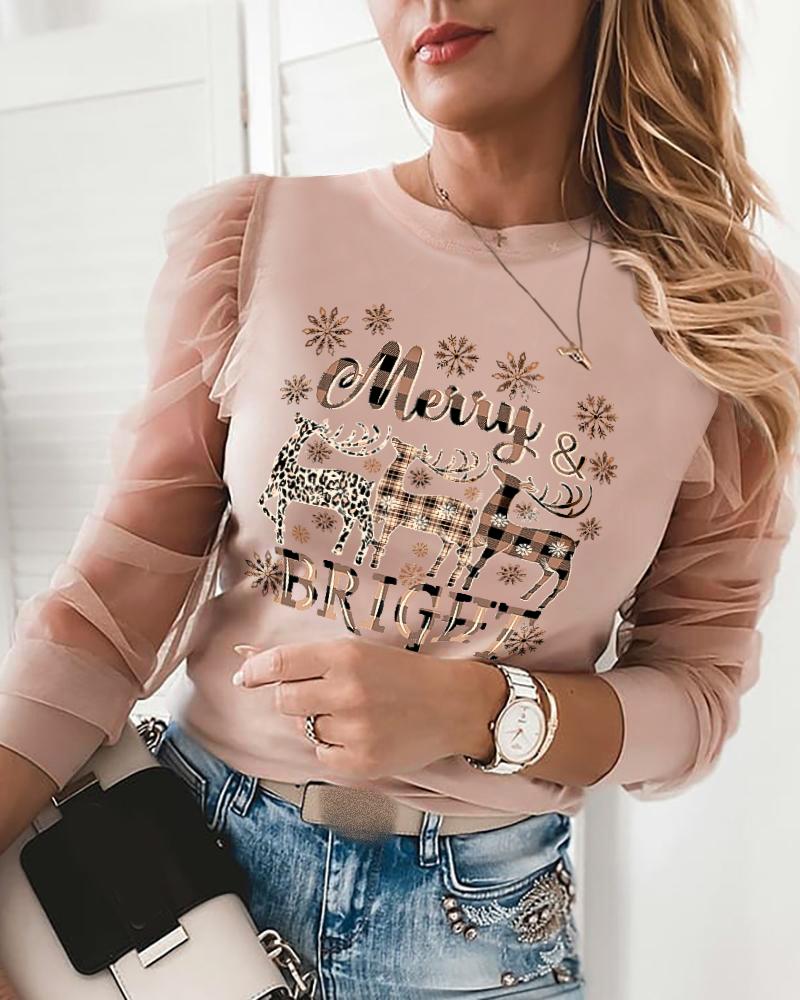 

Christmas Print Contrast Mesh Puff Sleeve Top, Pink