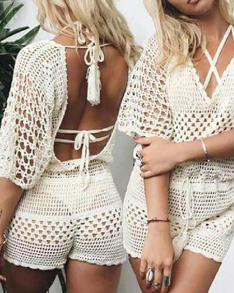

Hollow Out Sunscreen Short Sleeve Backless Romper Cover Up, White