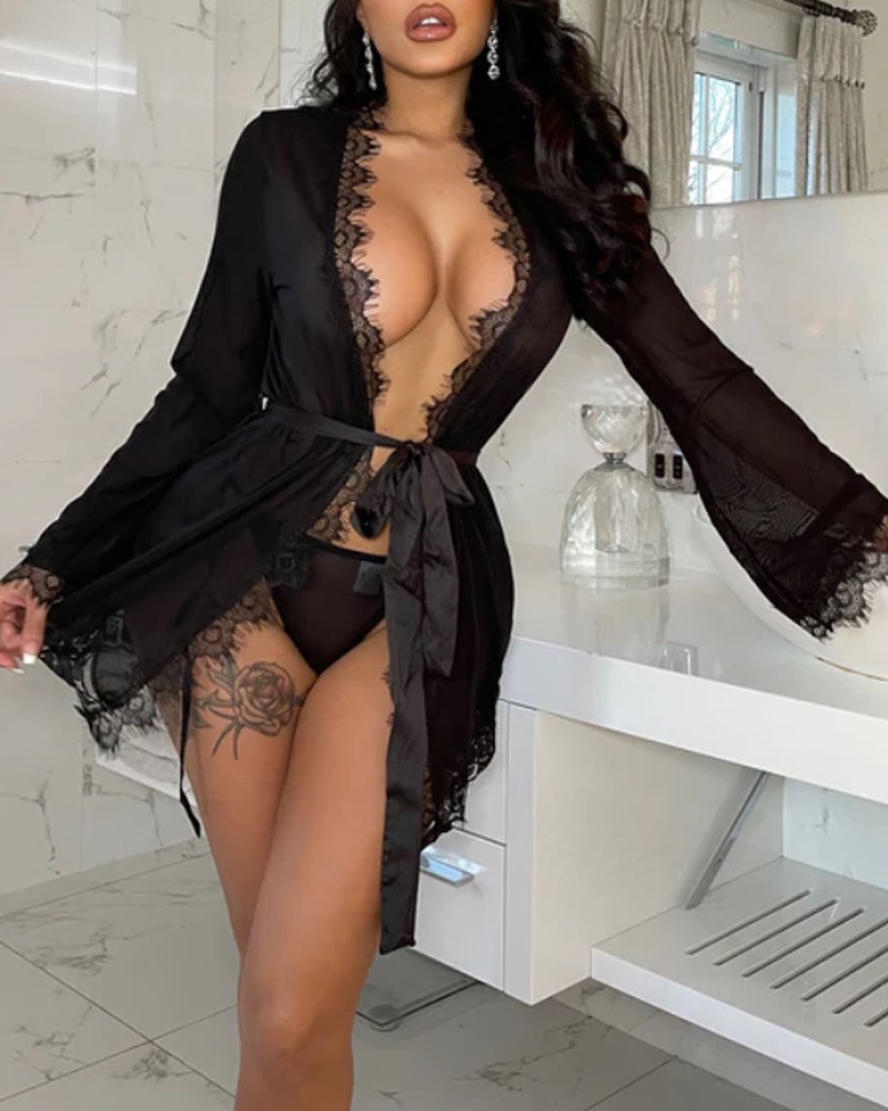 

Eyelash Lace Sheer Mesh Belted Robe With Panty, Black