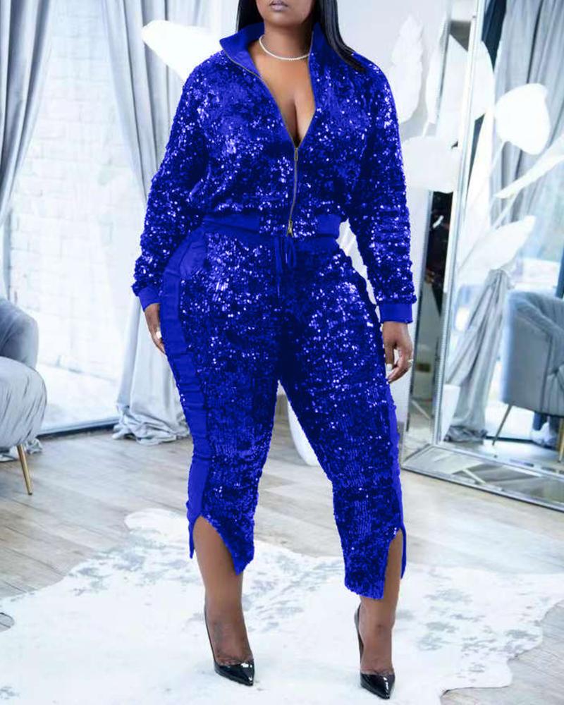 

Zipper Design Sequin Coat & Slit Pants Set, Blue