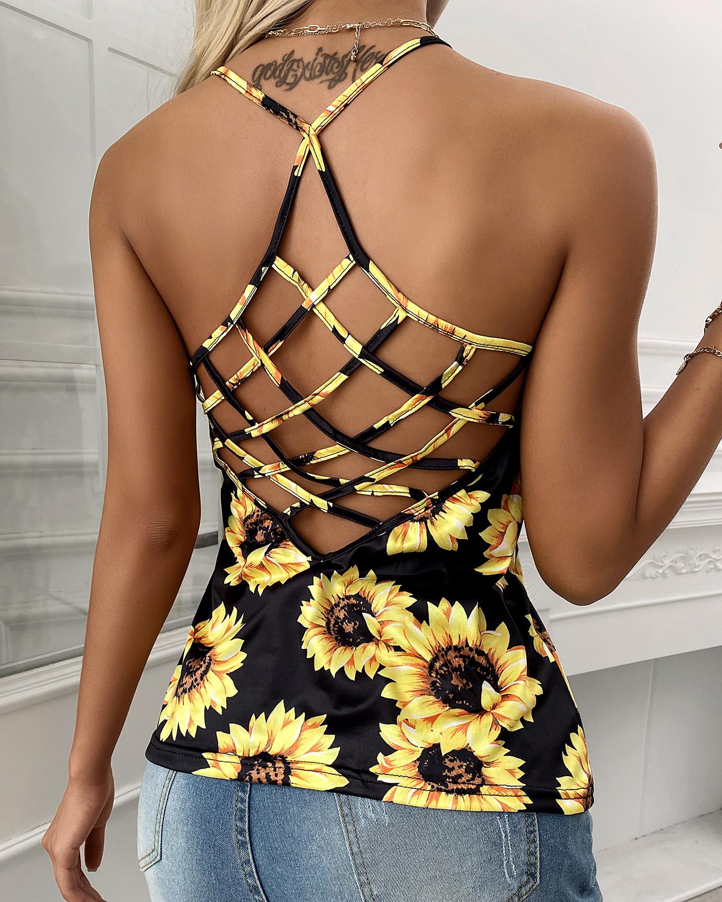

Sunflower Halter Backless Casual Tank Top, Yellow