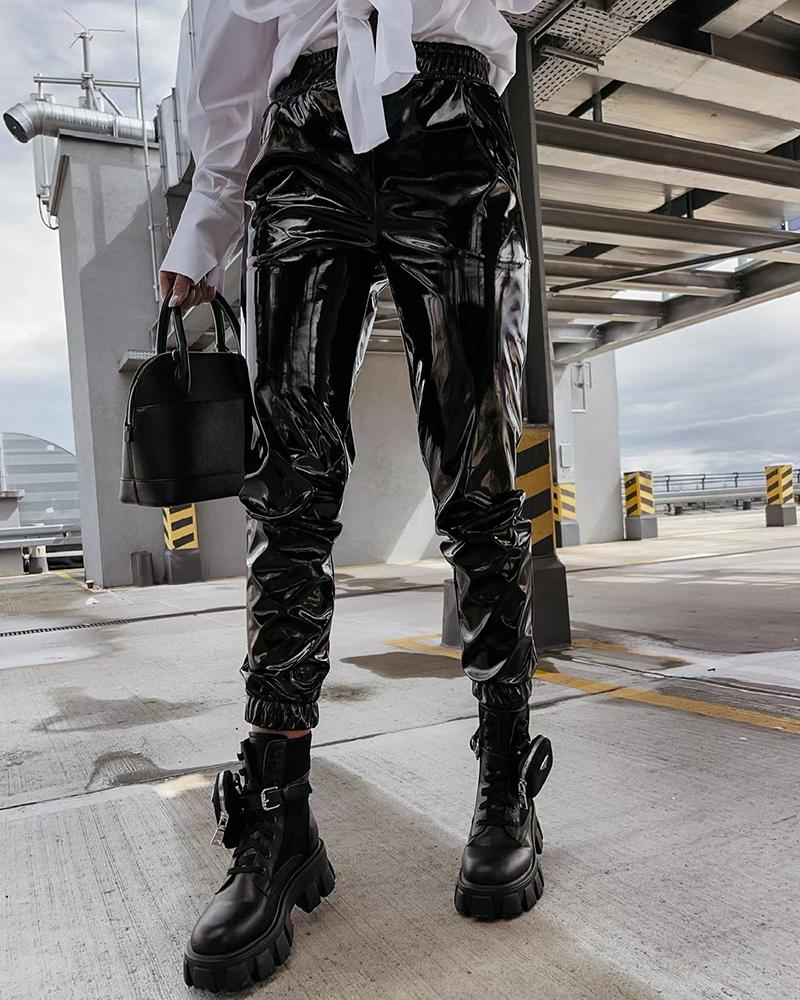 

High Waist Shinning Leather Ruched Pants, Black