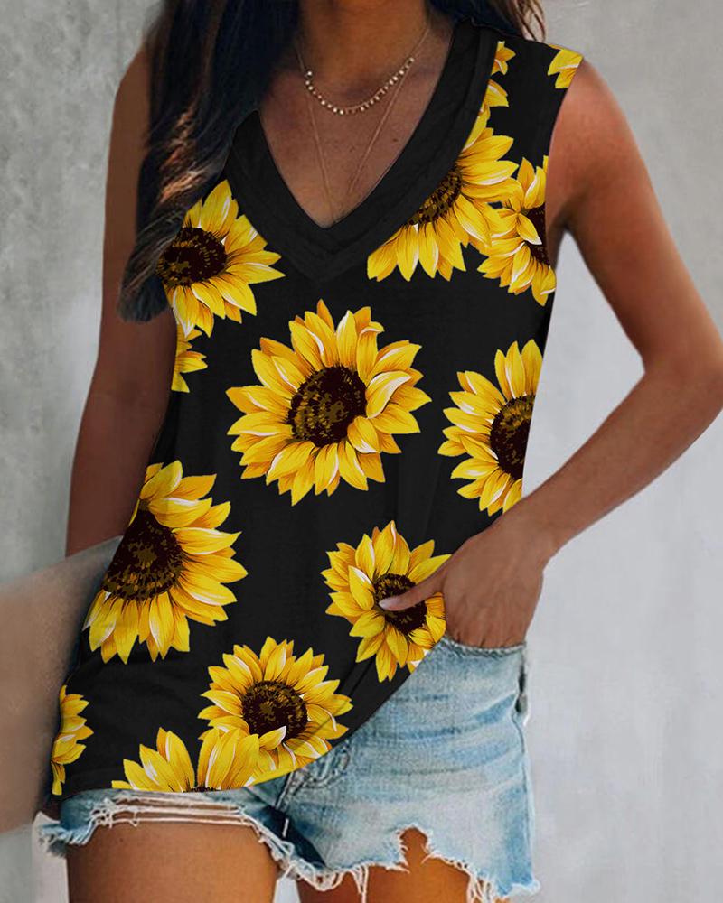 

Sunflower Print V-neck Tank Top, Black
