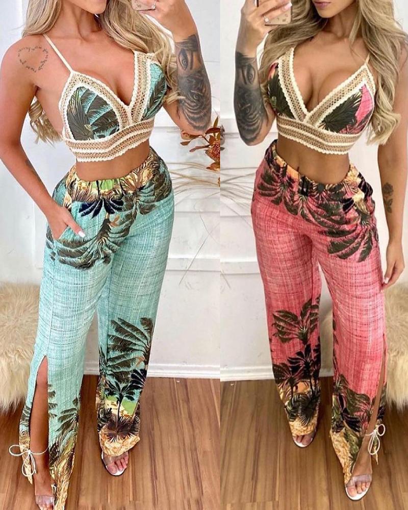 

Tropical Print Lace Trim Crop Top & Slit Pants Set, Blue