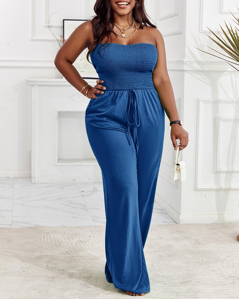 

Bandeau Shirred Pocket Design Wide Leg Jumpsuit, Blue