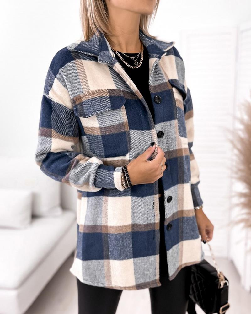 

Lantern Sleeve Plaid Print Pocket Button Design Shacket, Blue