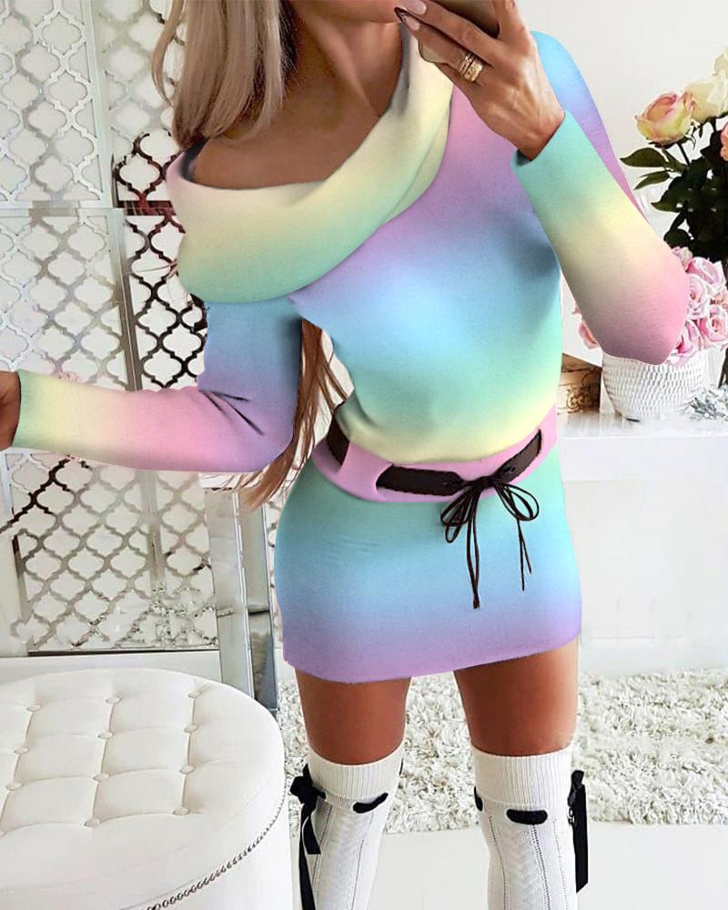 

Ombre Colorblock Cold Shoulder Long Sleeve Dress, Multicolor