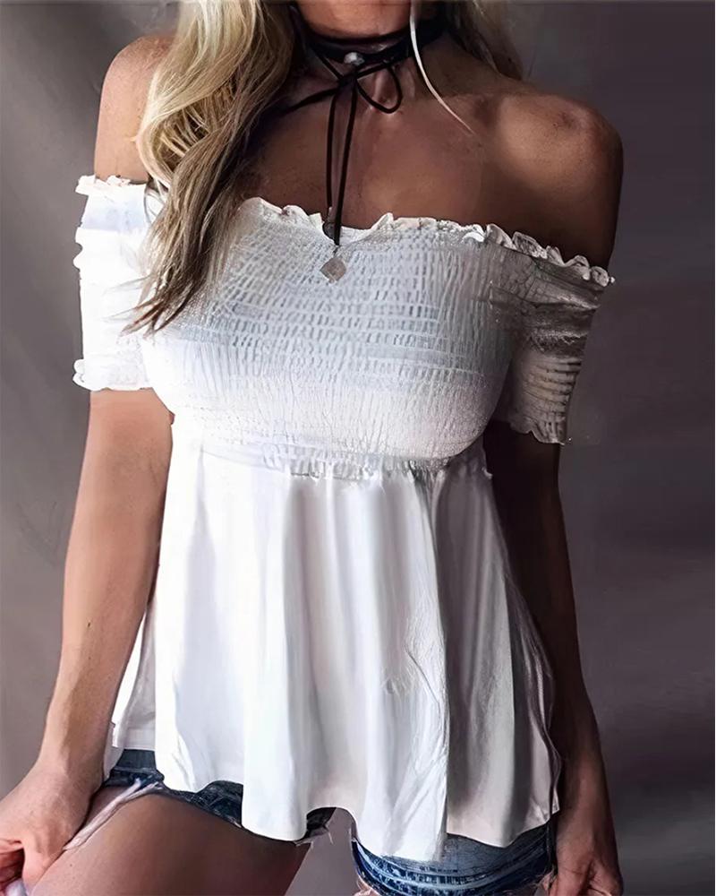 

Shirred Frill Trim Off Shoulder Peplum Top, White