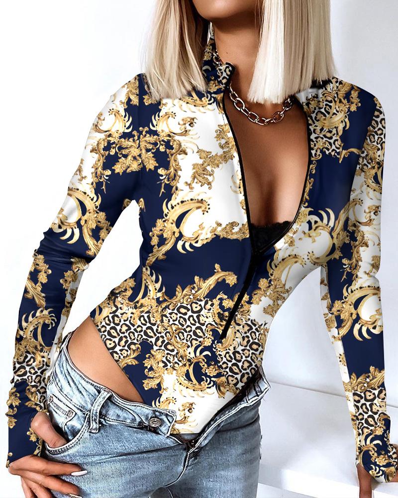 

Baroque Leopard Print Zip Front Long Sleeve Bodysuit, Blue