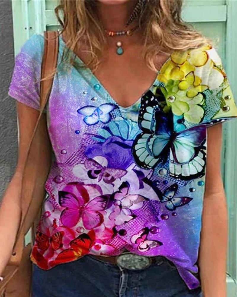 

Butterfly Print V Neck Short Sleve Casual T-Shirt, Style5