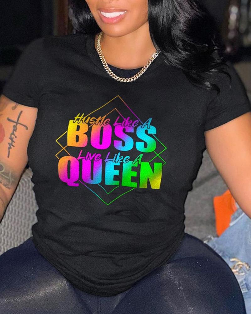 

Hustle Like A Boss Live Like A Queen Print Casual T-shirt, Black