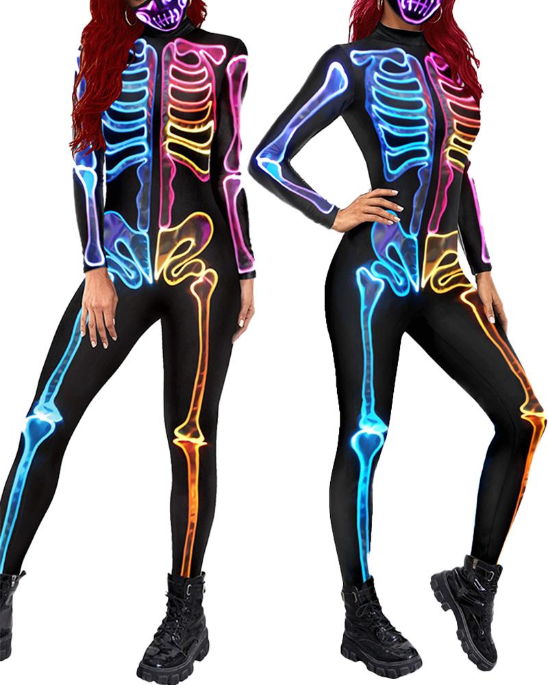 

Halloween Colorful Skeleton Print Costume Jumpsuit Without Mask, Multicolor
