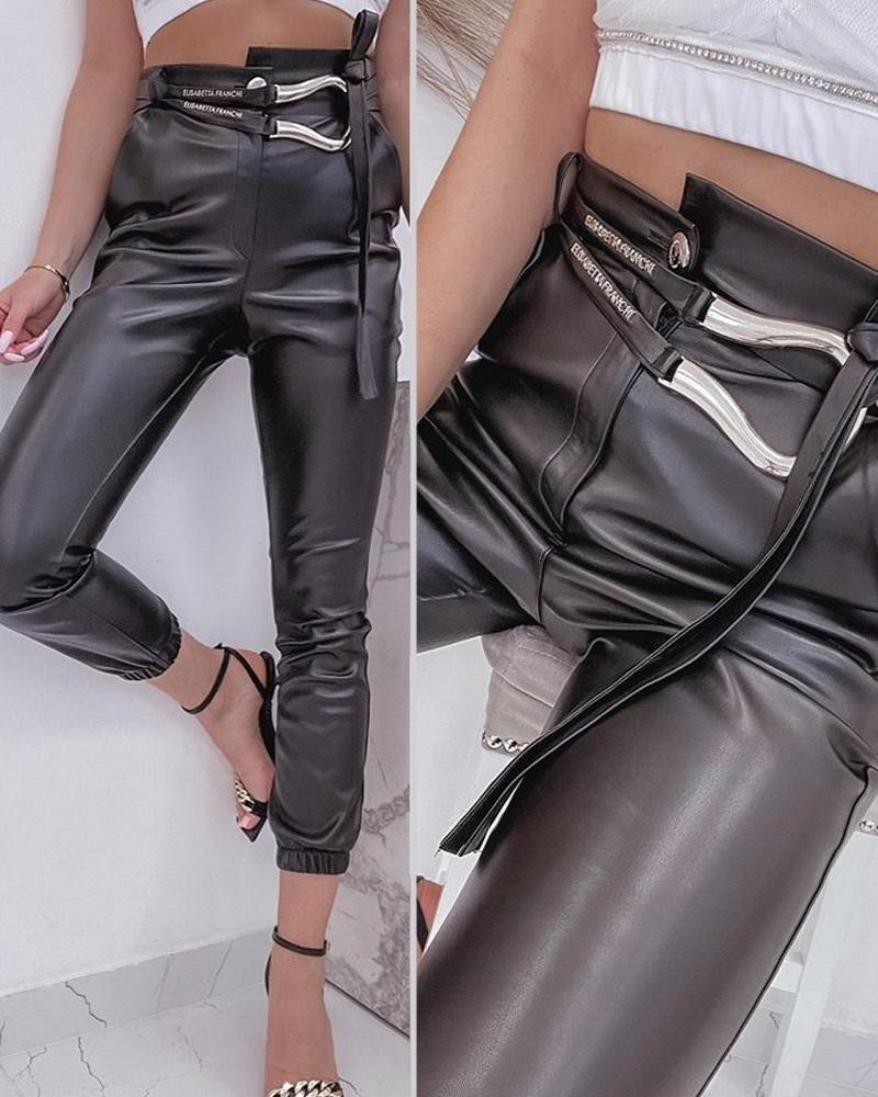 

PU Leather High Waist Belted Cuffed Pants, Black