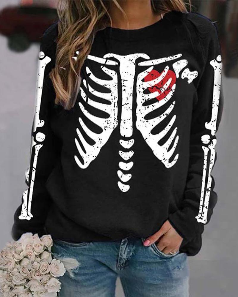 

Halloween Skeleton Print Long Sleeve Sweatshirt, Black