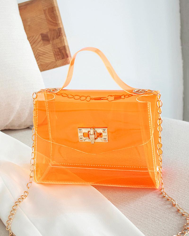 

Clear Twist Lock Chain Strap Flap Crossbody Bag, Orange