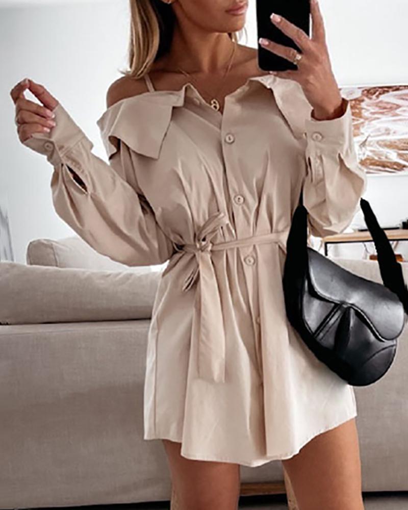 

Cold Shoulder Button Decor Shirt Dress With Belt, Apricot