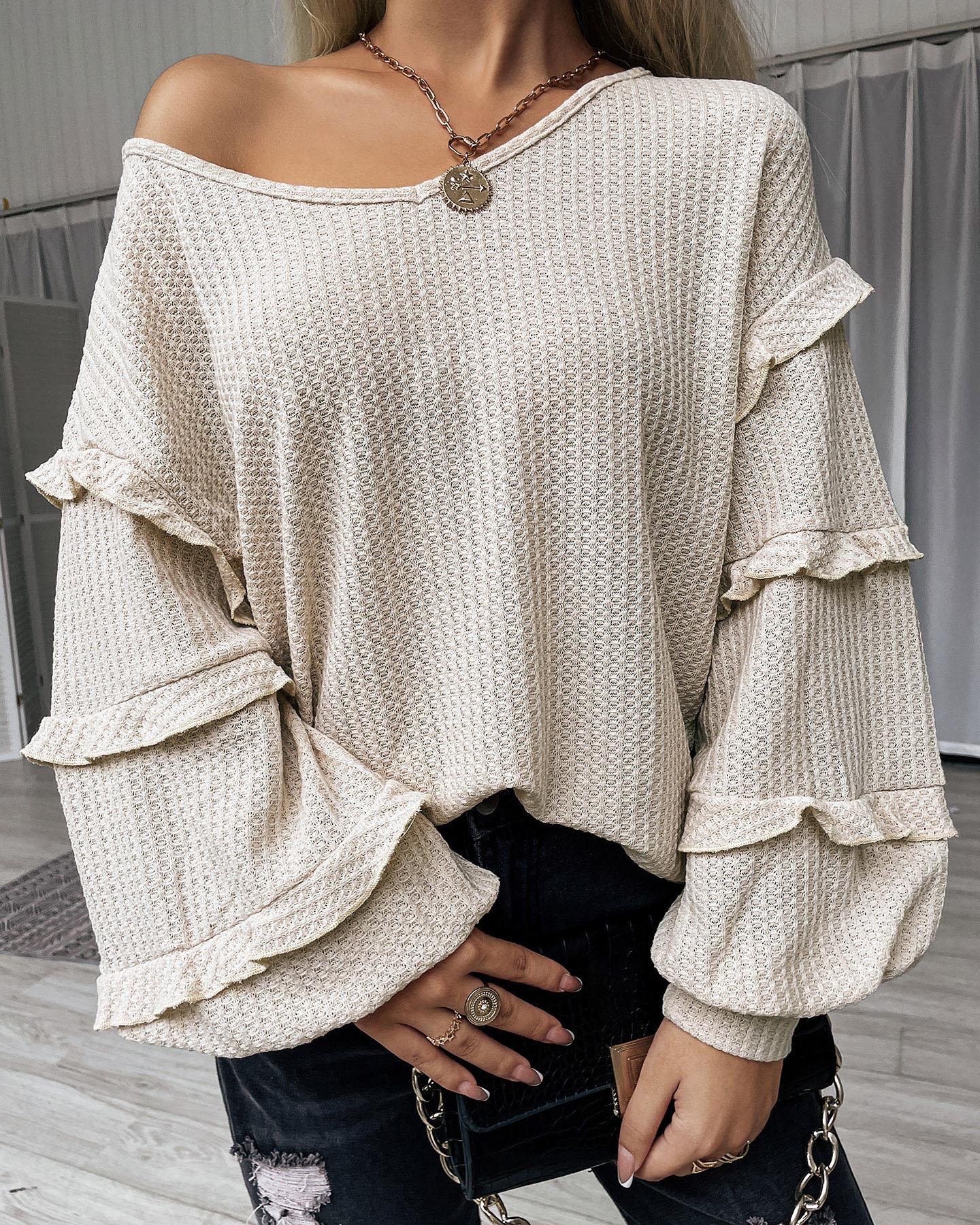 

Frill Hem Lantern Sleeve V Neck Casual Top, Apricot