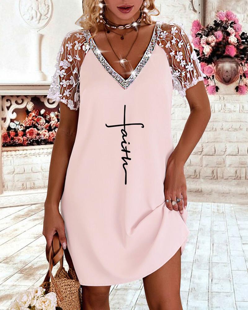 Crochet Lace Letter Print V-Neck Dress