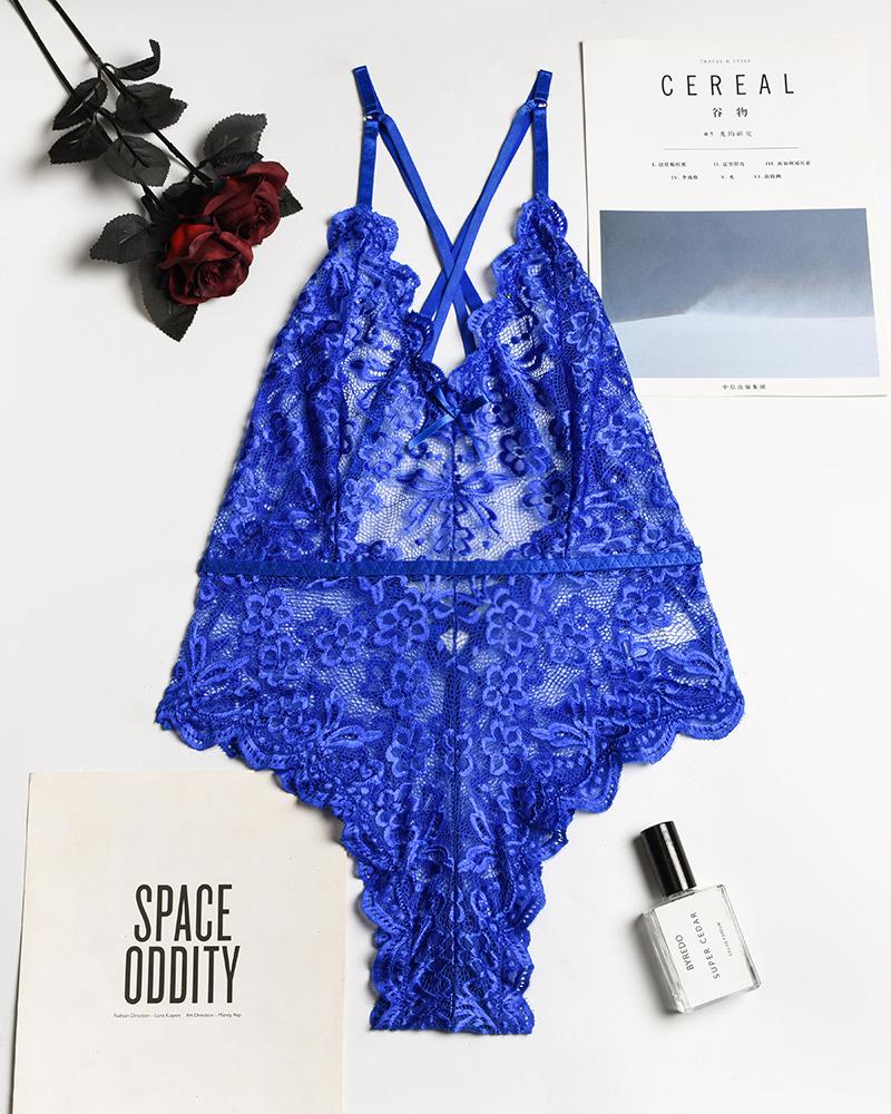 

Crochet Lace Crisscross Backless Teddy, Blue