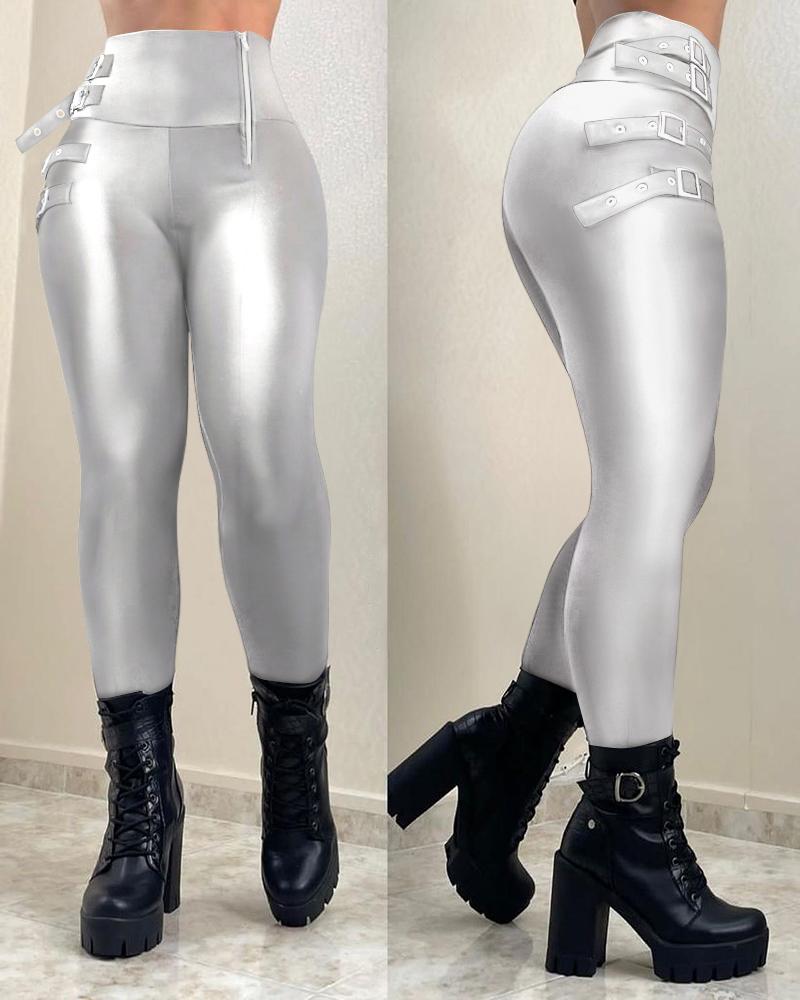 

Metallic Buckled Zipper Design Skinny Pants, Silver