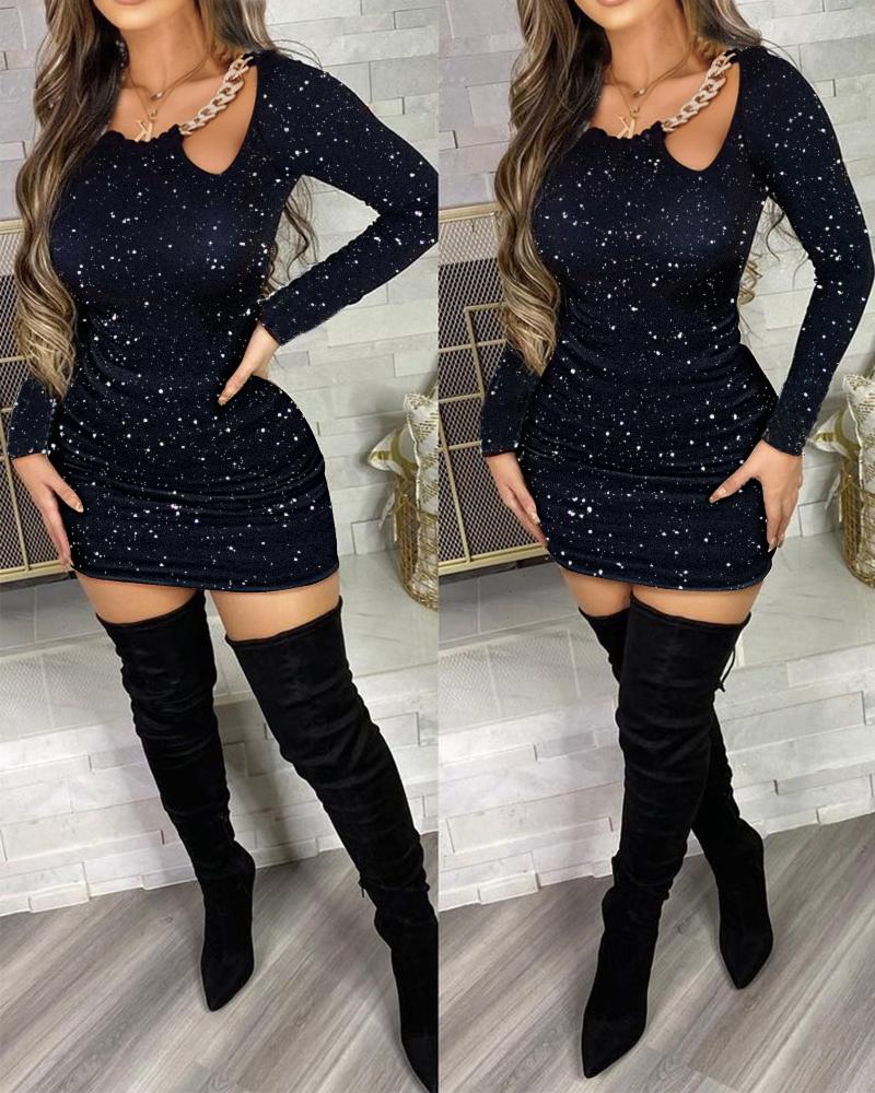 

Chain Strap Glitter Long Sleeve Bodycon Dress, Black