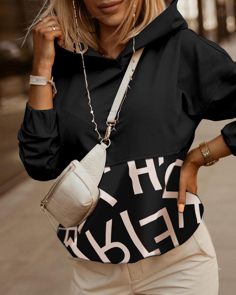 

Letter Print Long Sleeve Hooded Sweatshirt, Black