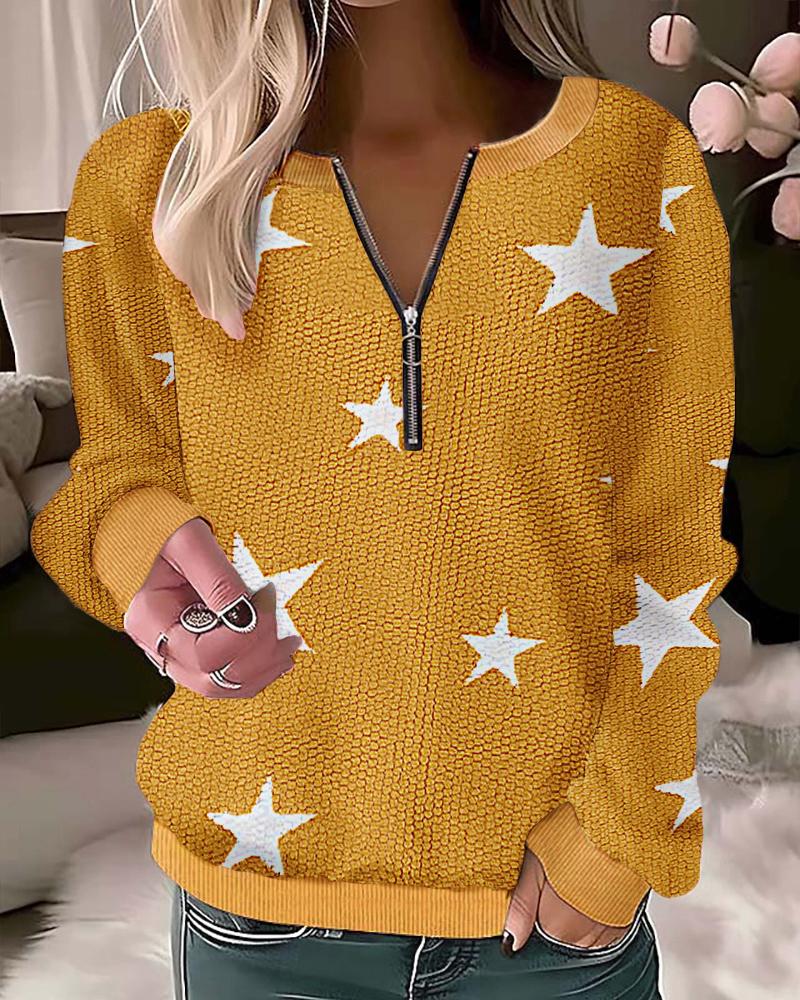 

Star Print Zipper Design Sweatshirt, Yellow