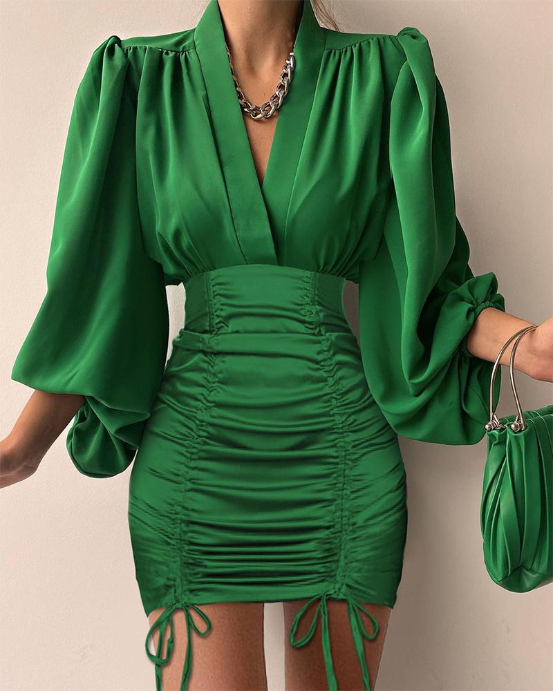 

Puff Lantern Sleeve Drawstring Ruched Satin Bodycon Dress, Green