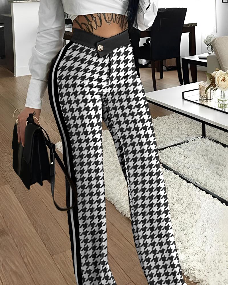 

Houndstooth Print Overlap Waist Work Pants, Blackwhite