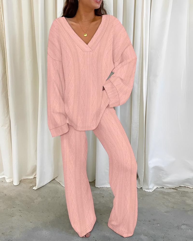 

Long Sleeve Cable Textured Top & Pants Set, Pink