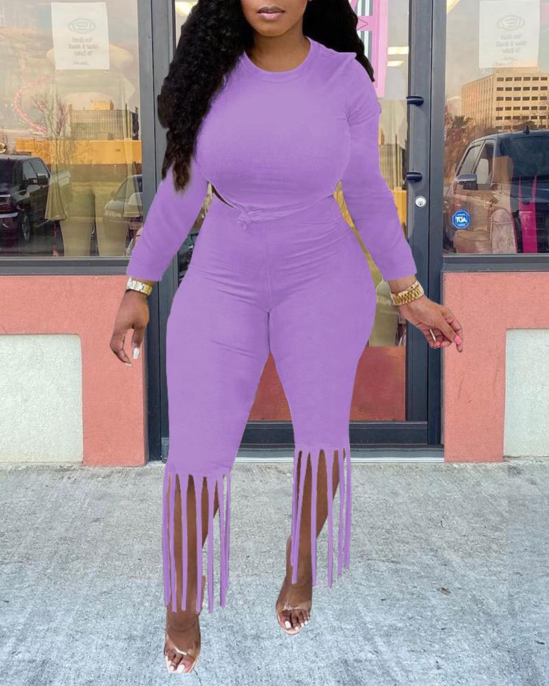 

Solid Crop Top & Fringe Hem Pants Set, Purple