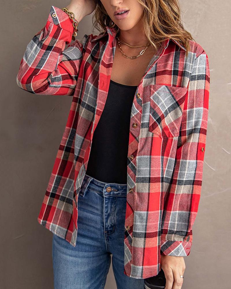 

Plaid Print Pocket Design Buttoned Shirt, Red