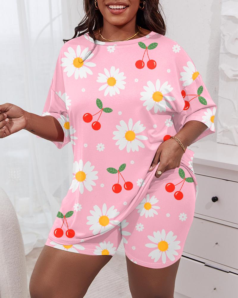 

Plus Size Daisy Cheery Print Short Sleeve Pajamas Set, Pink