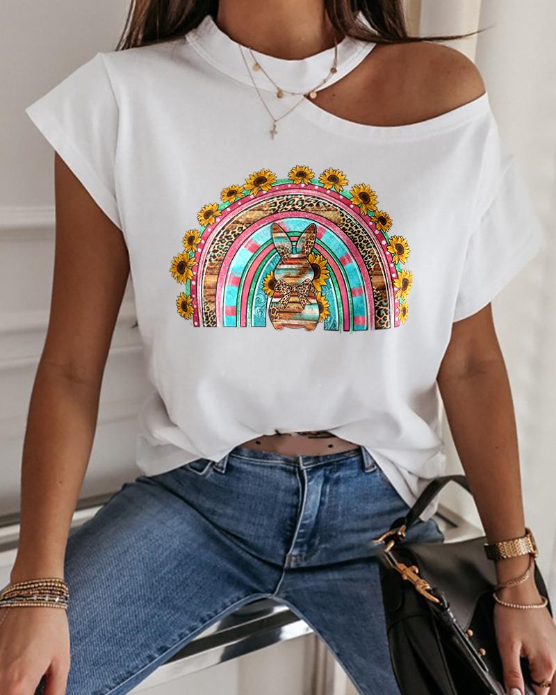 

Happy Easter Bunny Sunflower Print Cold Shoulder T-shirt, White