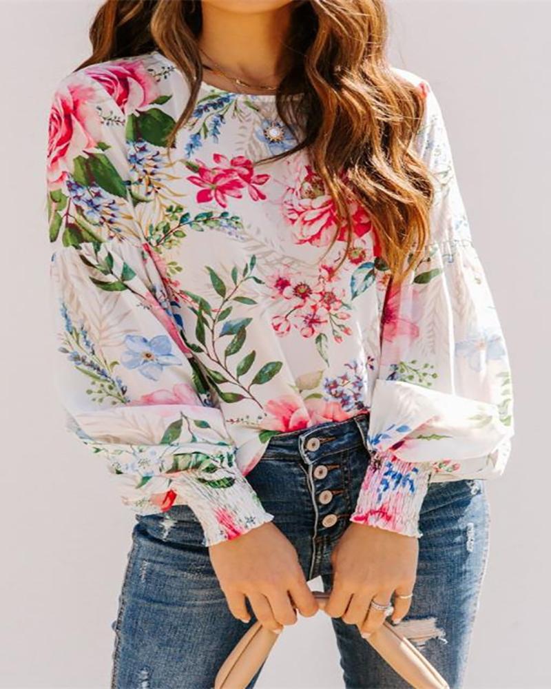 

Floral Print Cutout Back Lantern Sleeve Top, White