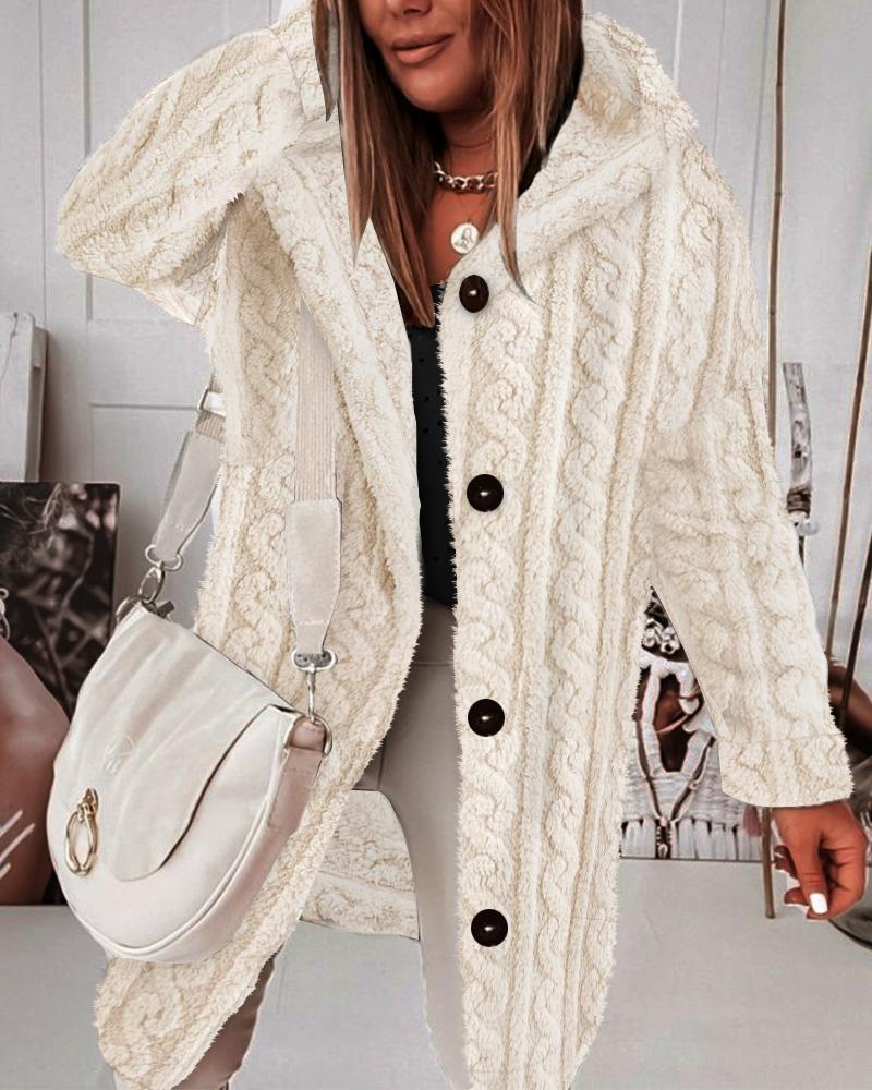 

Fuzzy Textured Buttoned Fleece Hooded Coat, Apricot