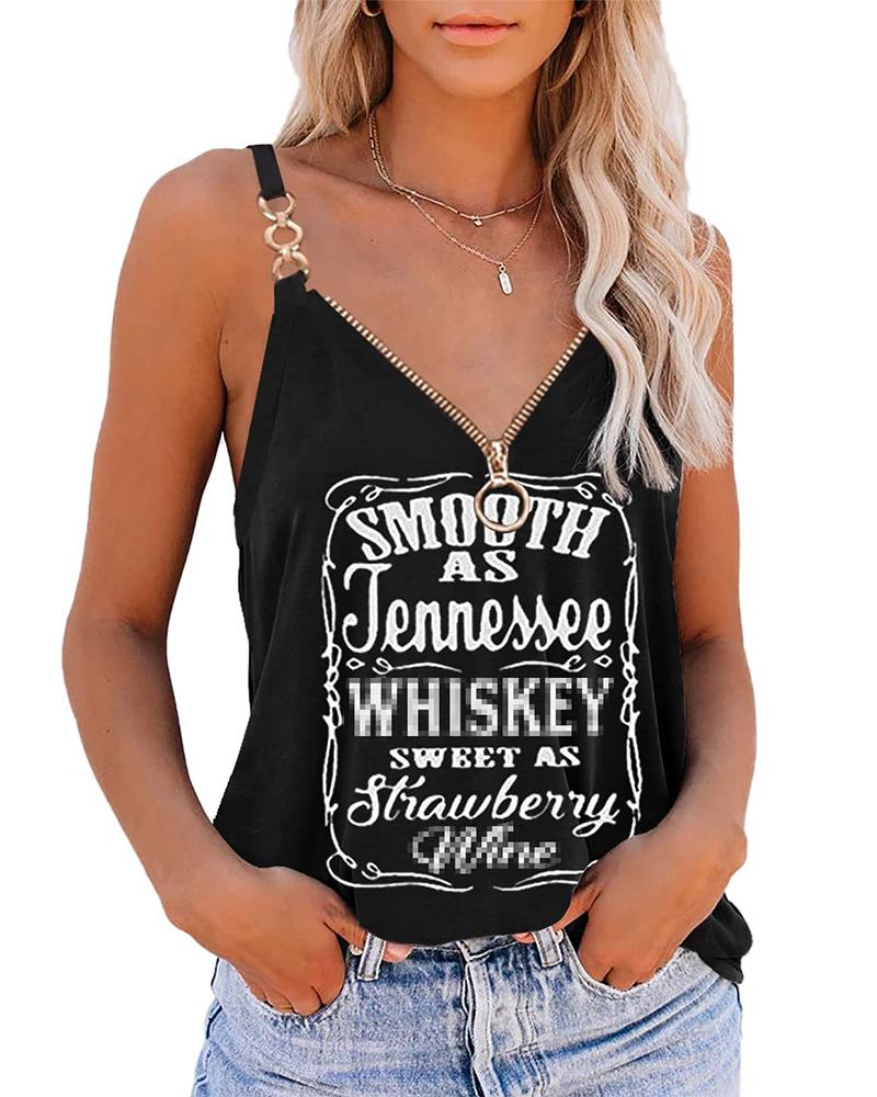 

Letter Print Zipper Design Trendy Loose Fit Tank Top, Black