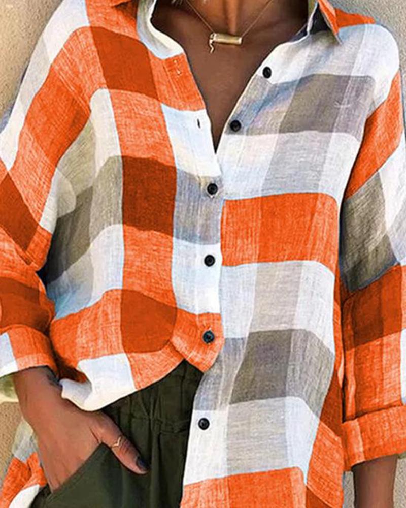 

Colorblock Grid Long Sleeve Shirt, Orange