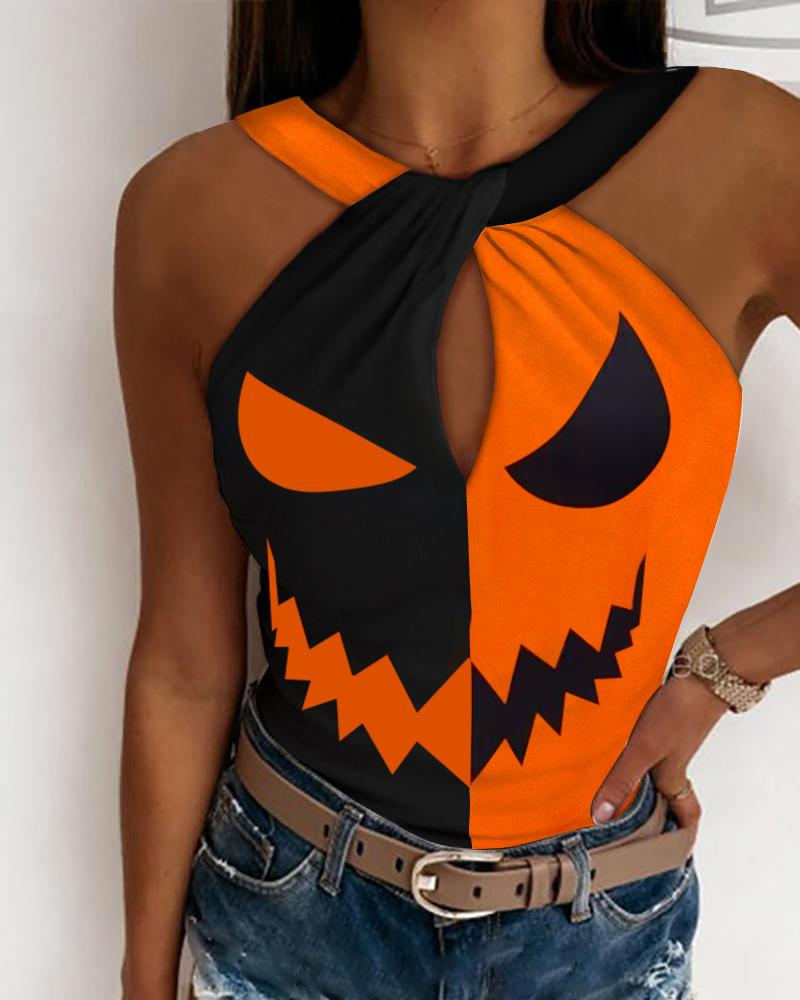 

Halloween Graphic Print Colorblock Tank Top, Orange